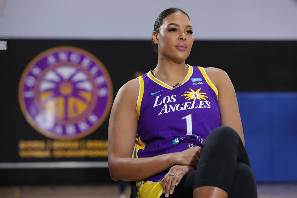 Liz Cambage, pictured here speaking to reporters at a Los Angeles Sparks media day.