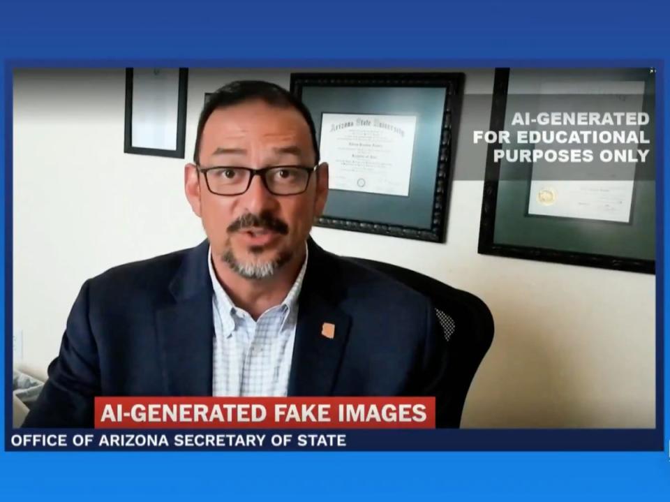 A deepfake of Arizona Secretary of State Adrian Fontes warning voters not to fall for AI-generated mis and disinformation (screengrab/Meet the Press)