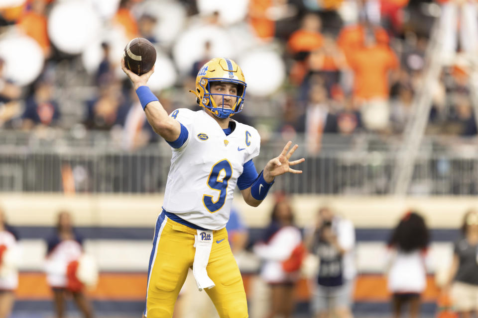 Pittsburgh quarterback Kedon Slovis (9) passes against Virginia during the first half of an NCAA college football game in Charlottesville, Va., Saturday, Nov.. 12, 2022. (AP Photo/Mike Kropf)