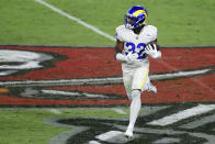 Los Angeles Rams strong safety Jordan Fuller (32) runs with the football after intercepting a pass by Tampa Bay Buccaneers quarterback Tom Brady during the second half of an NFL football game Monday, Nov. 23, 2020, in Tampa, Fla. (AP Photo/Mark LoMoglio)