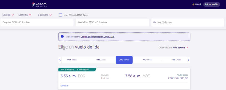 Vuelo trayecto Bogotá- Medellín en Latam Airlines