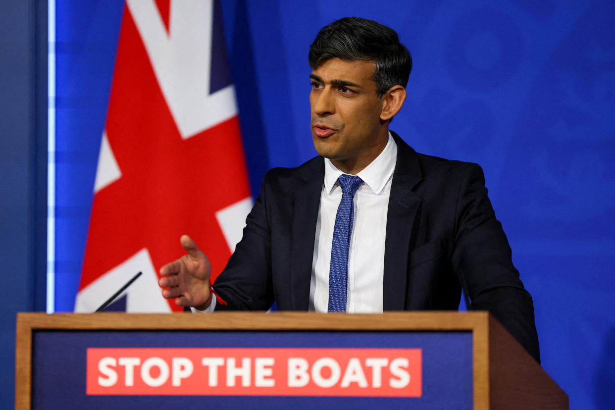 Britain's Prime Minister Rishi Sunak speaks during a press conference, at the Downing Street Briefing Room, in central London, on April 22, 2024 regarding the Britain and Rwanda treaty to transfer illegal migrants to the African country. Rishi Sunak promised on April 22, 2024 that deportation flights of asylum seekers to Rwanda will begin in 