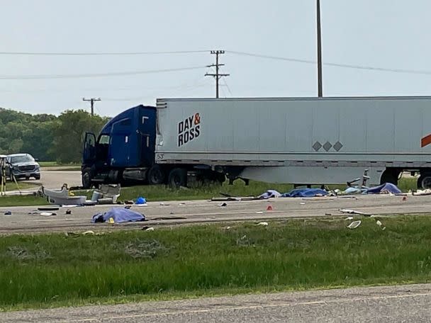 PHOTO: A major collision has closed a section of the Trans-Canada Highway near Carberry, Manitoba, June 15, 2023. (Steve Lambert/The Canadian Press via AP)