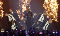 US singer Alicia Keys performs during the 2012 MTV European Music Awards show at the Festhalle in Frankfurt, central Germany, Sunday, Nov. 11, 2012. (AP Photo/Michael Probst)