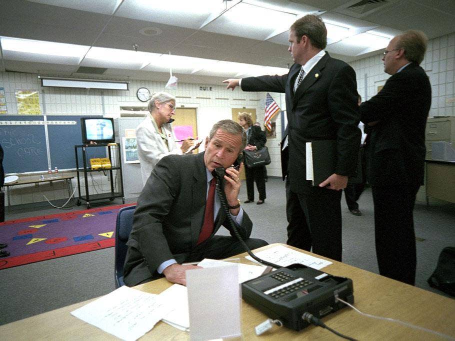 President George Bush on the telephone as the second plane hit the Twin Towers in New York (George W Bush Llibrary)