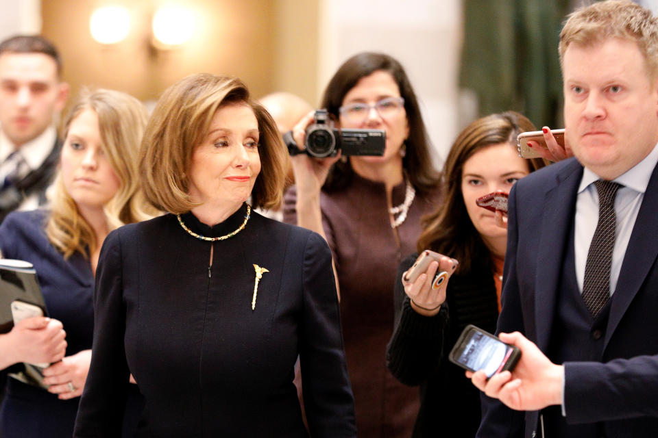 Pelosi is known to wear the gold mace brooch to symbolize her authority as Speaker of the House. (Photo: REUTERS/Tom Brenner)