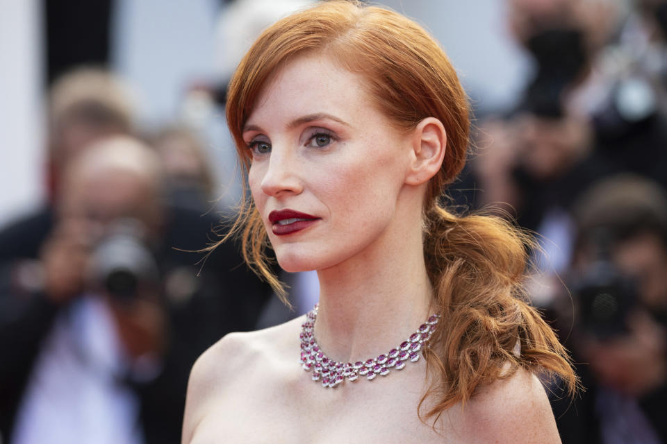 Jessica Chastain poses for photographers upon arrival at the premiere of the film 'Annette' and the opening ceremony of the 74th international film festival, Cannes, southern France, Tuesday, July 6, 2021. (Photo by Vianney Le Caer/Invision/AP)