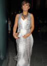 Celebrities in metallic fashion: Frankie Sandford flaunted her baby baby in a silver high-street dress. [Rex]