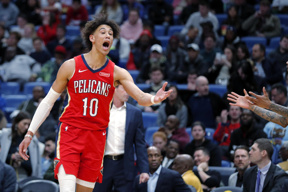 This is not a great look for Pelicans rookie Jaxson Hayes. (AP Photo/Gerald Herbert)