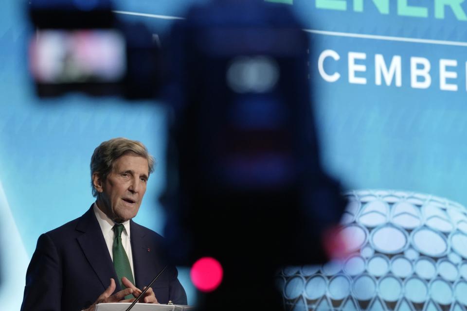 John Kerry, U.S. Special Presidential Envoy for Climate, speaks about nuclear fusion at the COP28 U.N. Climate Summit, Tuesday, Dec. 5, 2023, in Dubai, United Arab Emirates. (AP Photo/Joshua A. Bickel)