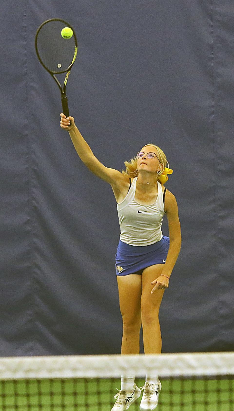 Aberdeen Central's Julia Knie serves during the first flight doubles championship match in the South Dakota state Class AA high school girls tennis tournament on Friday, Oct. 6, 2023 in Sioux Falls.