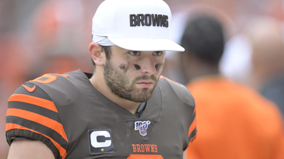 Cleveland Browns quarterback Baker Mayfield (6) reacts during an NFL football against the Tennessee Titans, Sunday, Sept. 8, 2019, in Cleveland. Tennessee won 43-13. (AP Photo/David Richard)