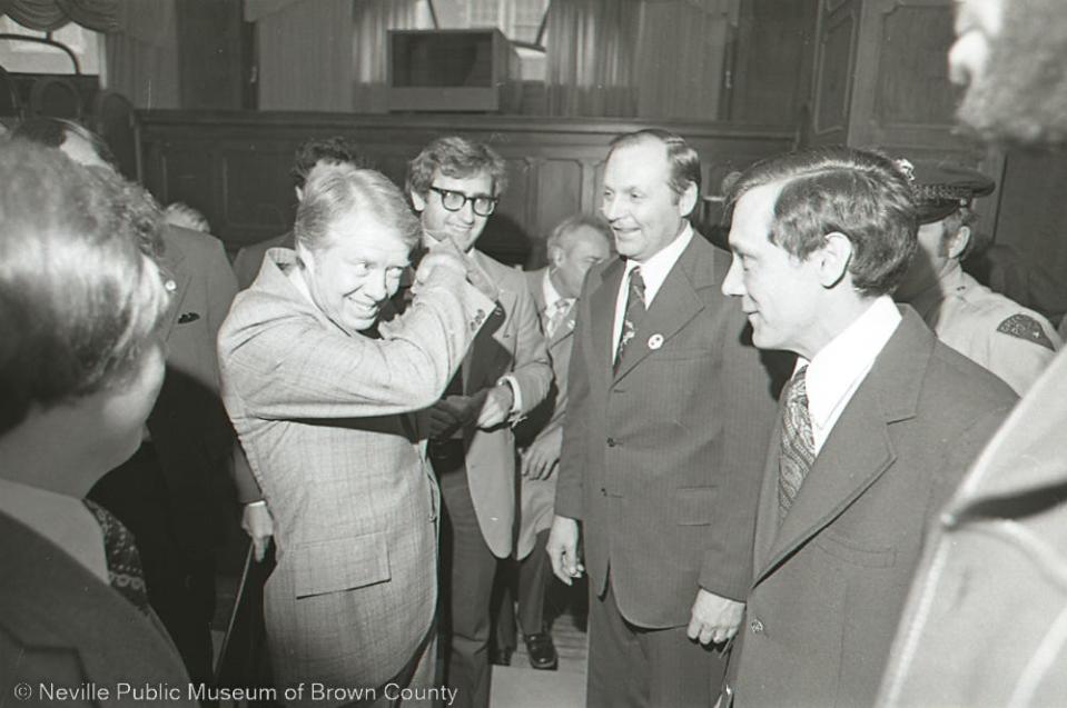 Jimmy Carter, then the former Georgia governor, greets Green Bay residents in the Hotel Northland banquet hall on March 26, 1976.