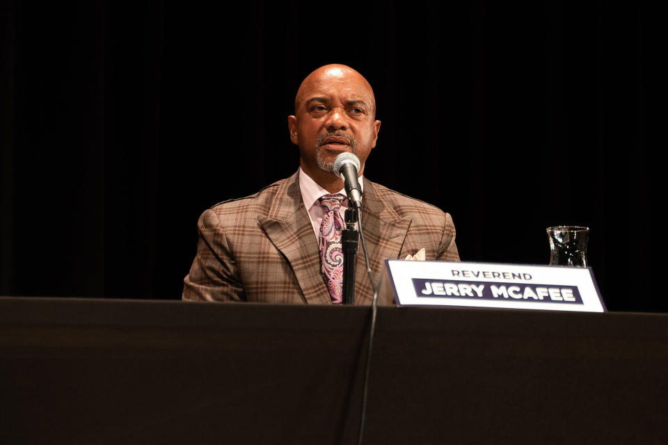 Image: Reverend Jerry McAfee  at the North High School auditorium in Minneapolis on  Oct. 12, 2021. (Drew Arrieta for NBC News)