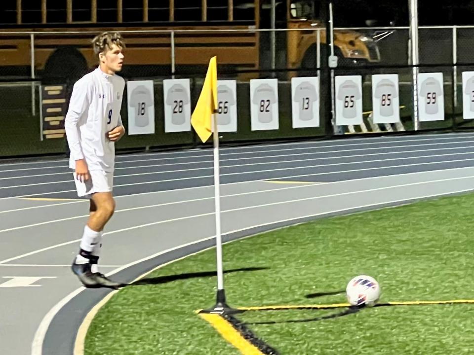 River Valley's Gabe Douce gets ready for a corner kick during a boys soccer match at Buckeye Valley earlier this season. Douce scored a hat trick in a match last weekend against Pleasant.