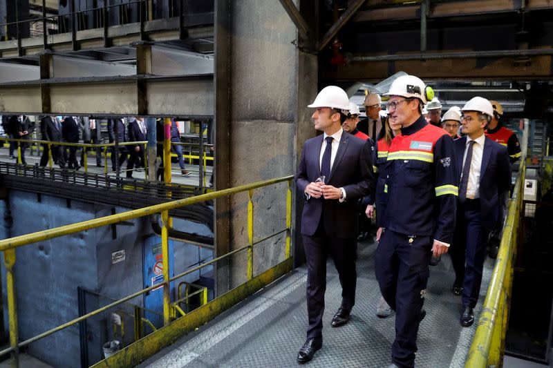 FILE PHOTO: French President Emmanuel Macron visits the Aluminium Dunkerque factory in northern France