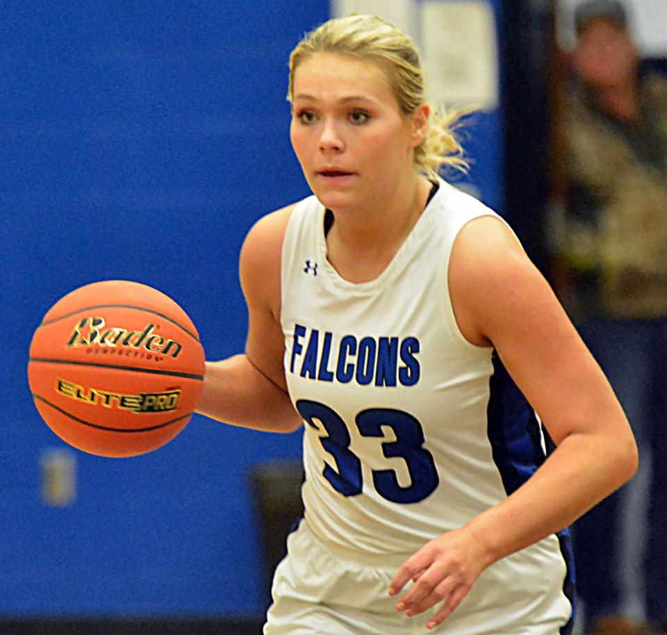 Florence-Henry's Caylin Kelly pushes the ball up during a high school girls basketball game against Sisseton on Thursday, Feb. 15, 2024 in Florence. Sisseton won 62-54.