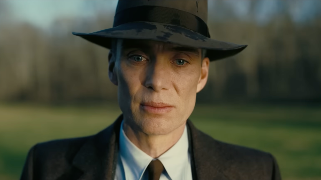  A close-up of Cillian Murphy as J. Robert Oppenheimer in Christopher Nolan's Oppenheimer, one of the best Christopher Nolan movies. 