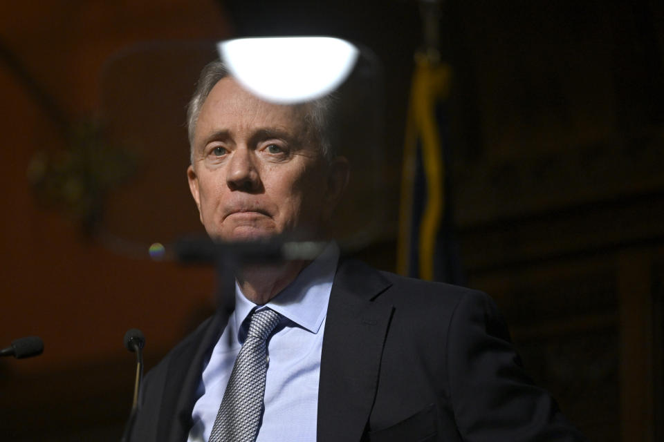 Connecticut Gov. Ned Lamont looks into a teleprompter as he delivers the State of the State address at the State Capitol, Wednesday, Feb. 7, 2024, in Hartford, Conn. (AP Photo/Jessica Hill)