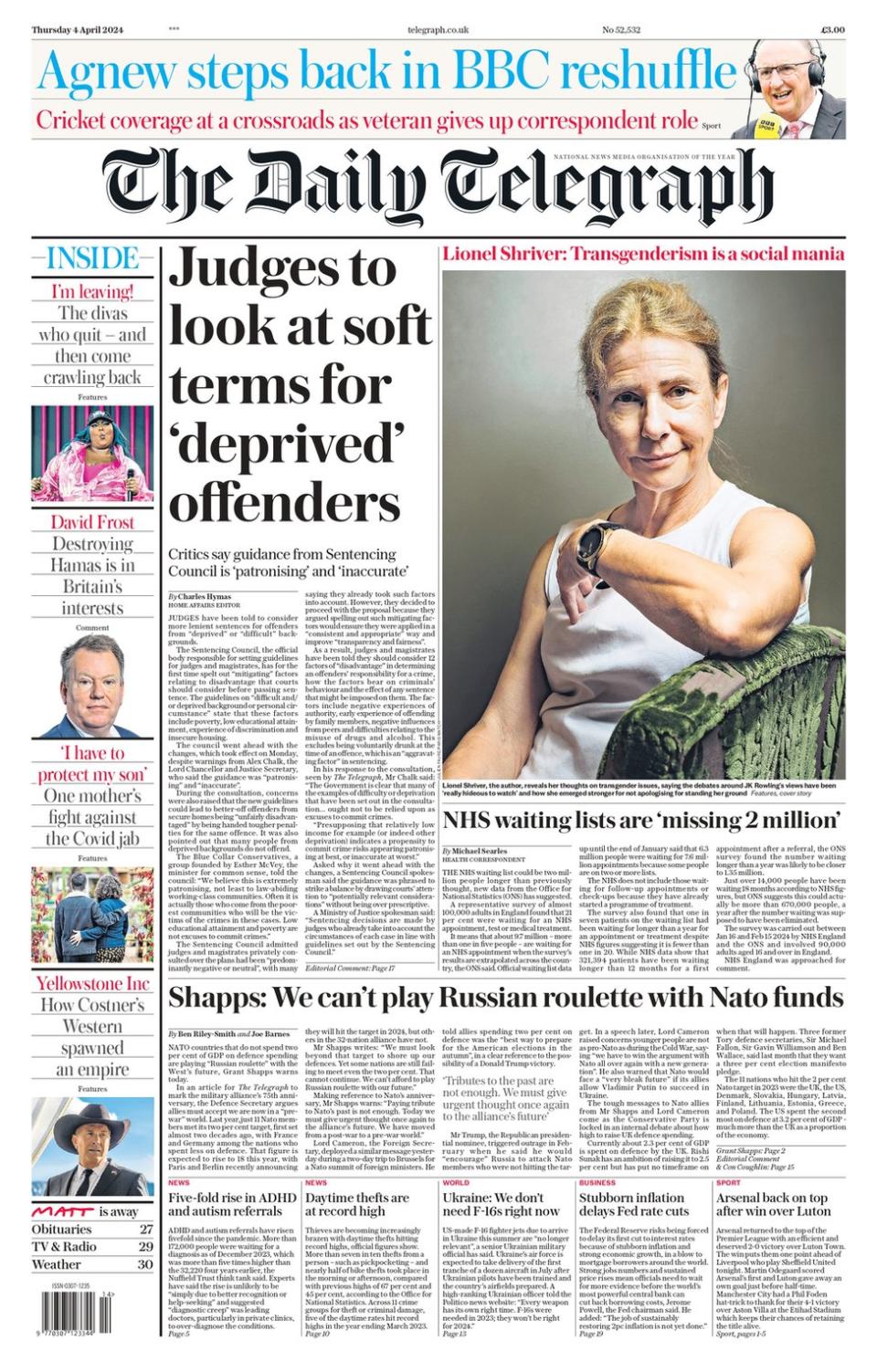 The Daily Telegraph front page. The headline reads: Judges to look at soft terms for ‘deprived’ offenders