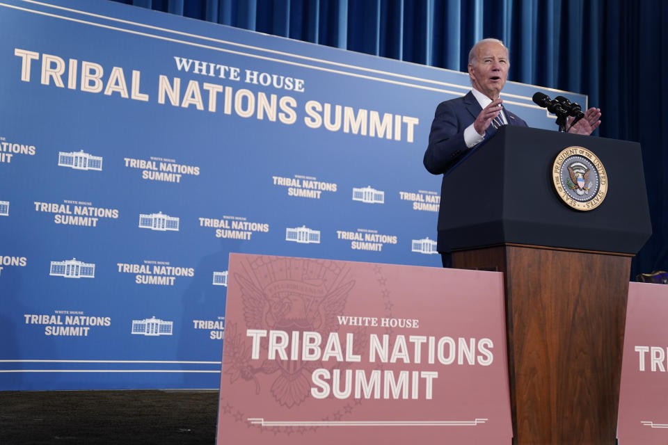 President Joe Biden delivers remarks at the White House Tribal Nations Summit at the Department of the Interior, Wednesday, Dec. 6, 2023, in Washington. (AP Photo/Evan Vucci)