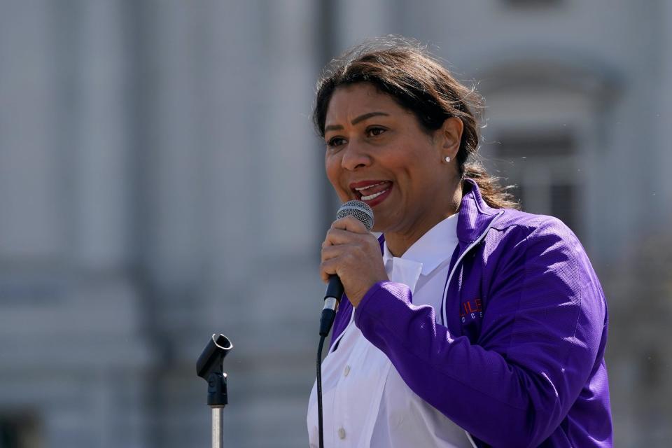 In this March 13, 2021 file photo Mayor London Breed speaks at a rally in San Francisco.