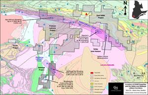 CLM Regional Projects Map [property boundaries from Company resources and historical drill hole, geology and showing information from the Government of Quebec website https://sigeom.mines.gouv.qc.ca/signet/classes/I1108_afchCarteIntr.]