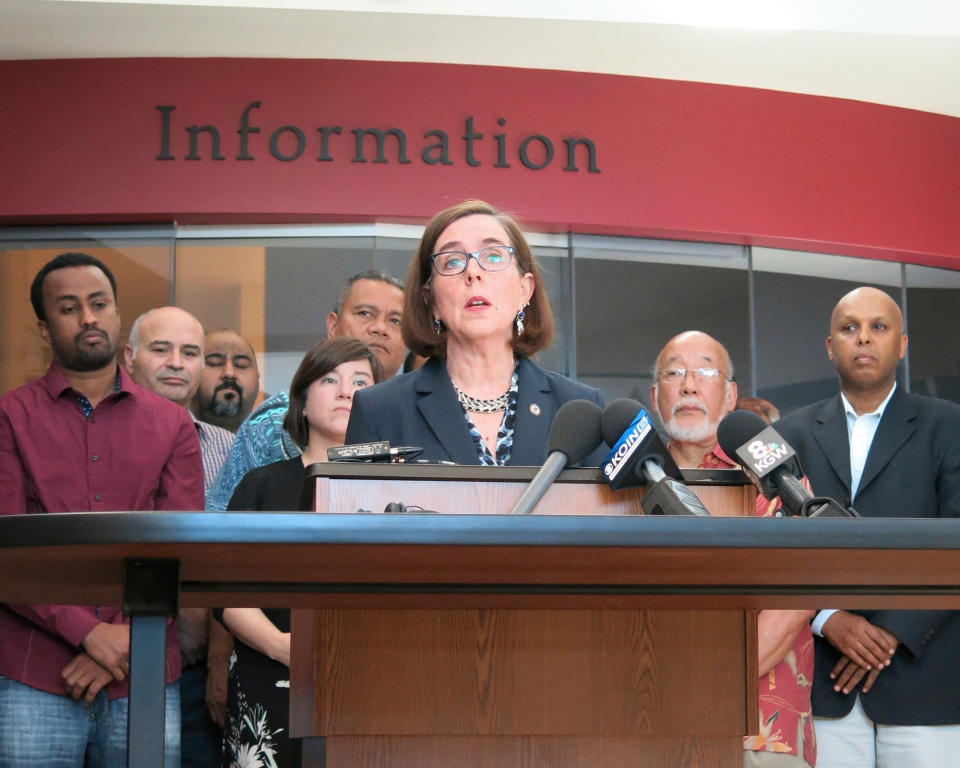 Oregon Gov. Kate Brown speaks at a news conference