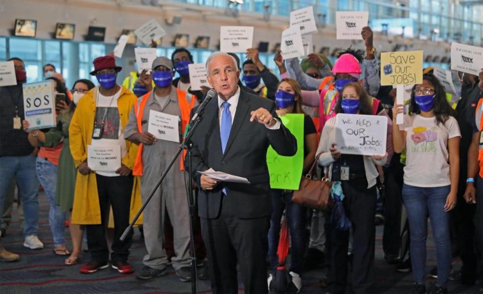 Miami-Dade County Mayor Carlos A. Gimenez speaks during Americas ‘s Cruise Industry National Workforce Rally urging the CDC to let the no-sail order expire. The workers gathered at the port on Wednesday, October 21, 2020.