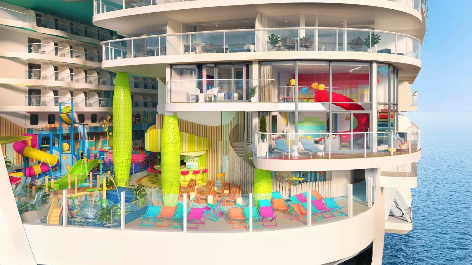 Icon of the Seas will debut the first Ultimate Family Townhouse. Spanning three levels, the perfect home away from home for families features an in-suite slide, a cinema space, karaoke, a spacious balcony, a private entrance to the ultimate family neighborhood, Surfside, and more.