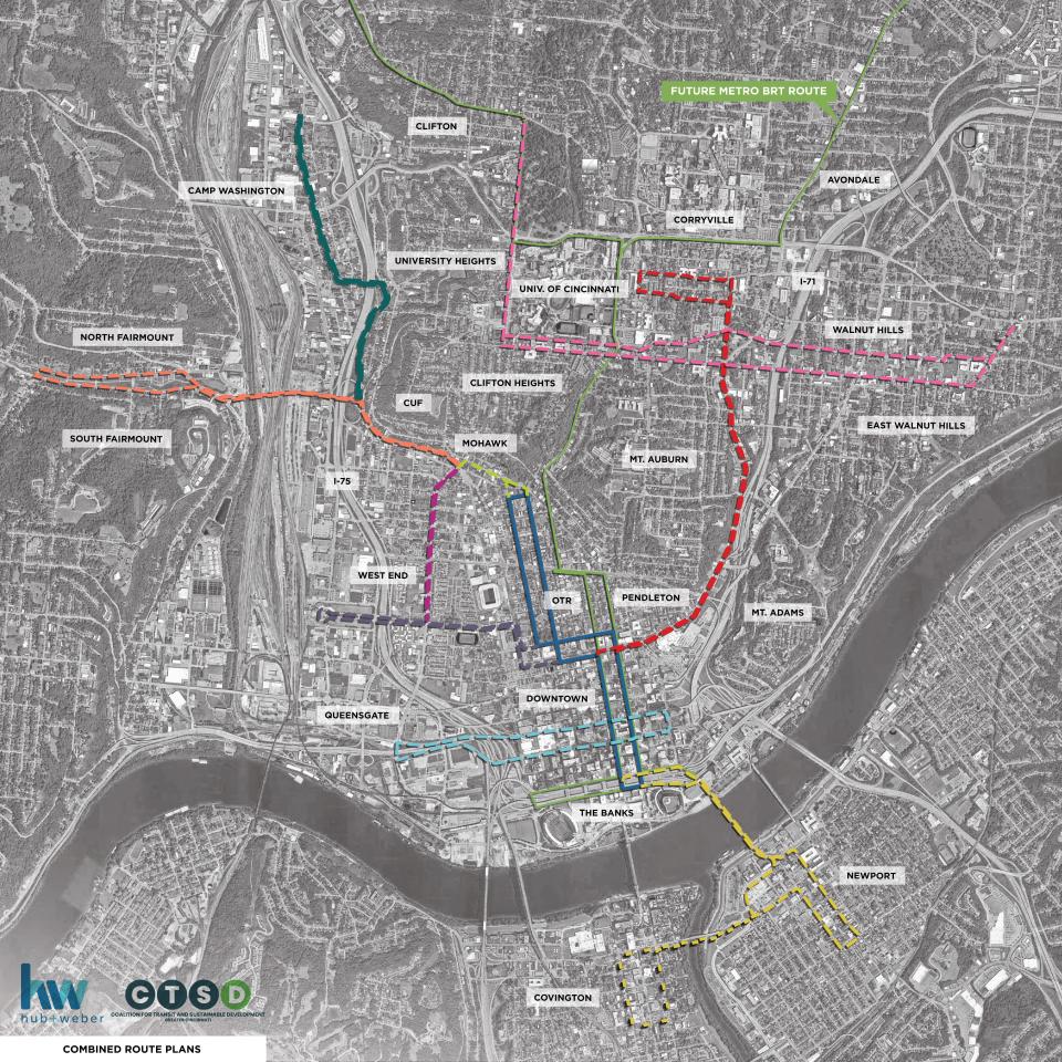 All nine streetcar route plans could co-exist with the existing Connector route, according to organizers of the Cincinnati Streetcar Forum. The Clifton/Walnut Hills route would, however, require its own cars since it would not be tied to the existing system.