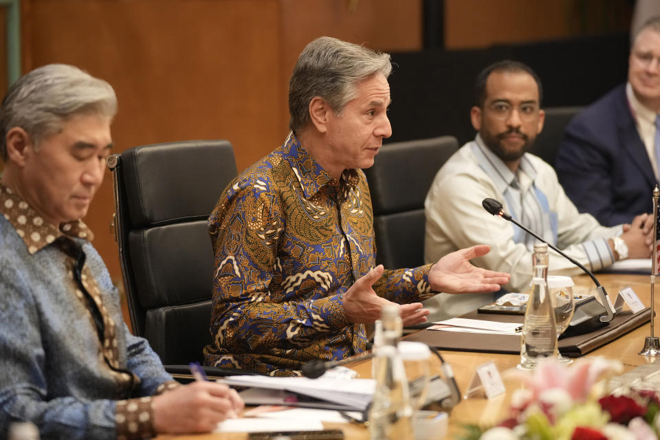 U.S. Secretary of State Antony Blinken, center, speaks to Indonesian Foreign Minister Retno Marsudi, unseen, during Indonesia-U.S. Ministerial Strategic Dialogue on the sidelines of the Association of Southeast Asian Nations (ASEAN) Foreign Ministers' Meeting in Jakarta, Indonesia, Friday, July 14, 2023. (AP Photo/Dita Alangkara, Pool)