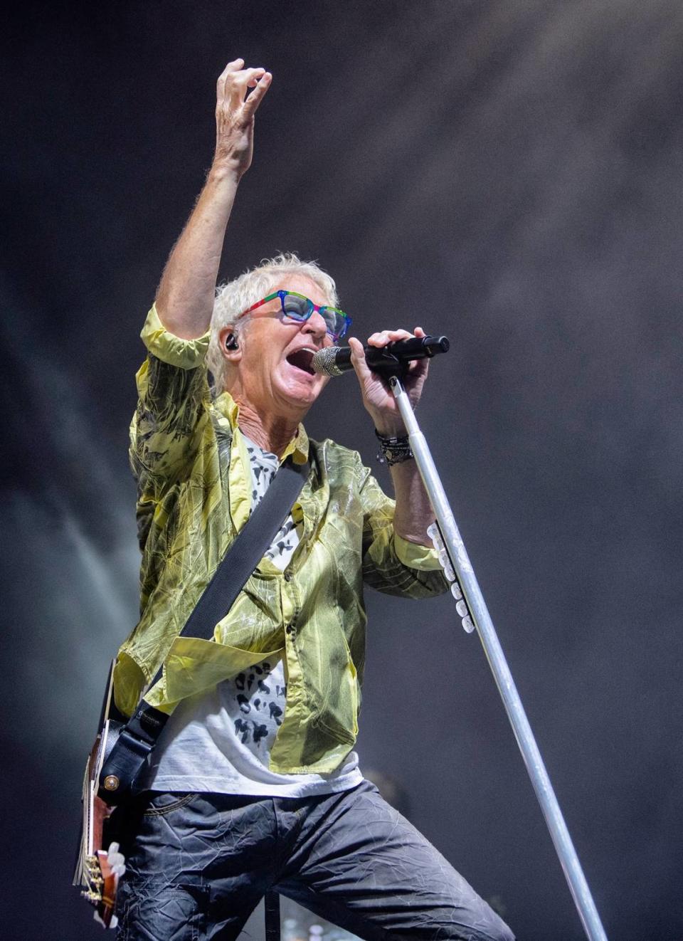 Kevin Cronin encourages the crowd to sing along with REO Speedwagon at Raleigh, N.C.’s Coastal Credit Union Music Pavilion at Walnut Creek, Wednesday night, Aug. 10, 2022.