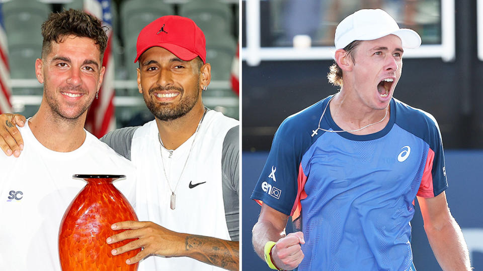 Pictured left is Atlanta Open doubles champs Thanasi Kokkinakis and Nick Kyrgios, with singles winner Alex de Minaur on the right.