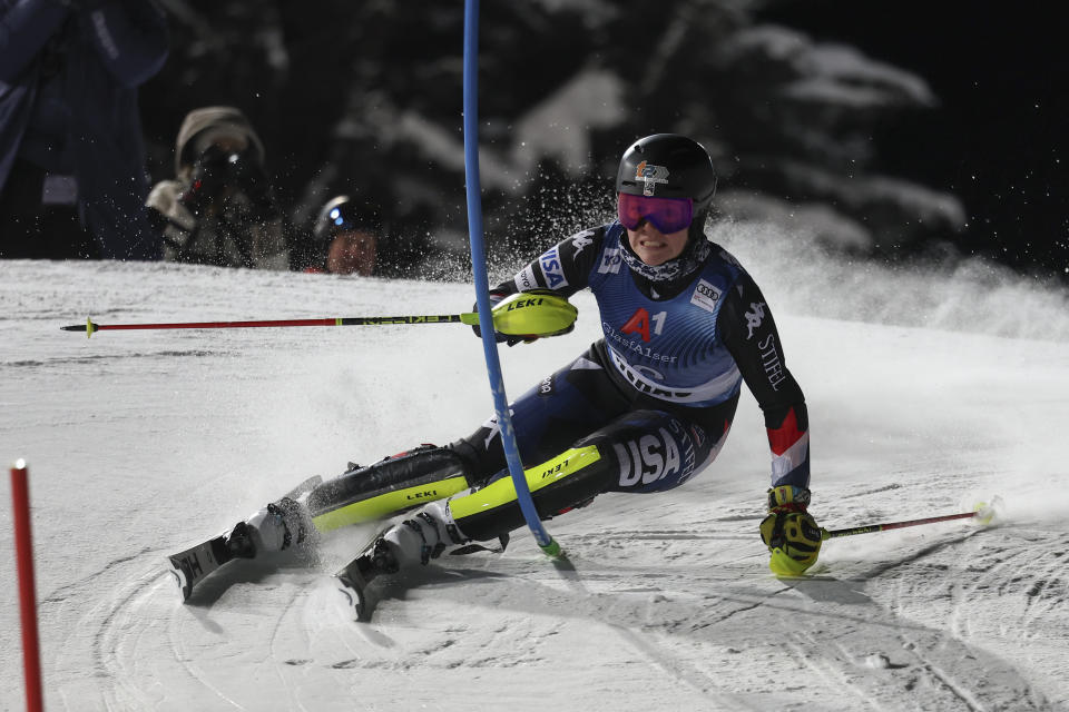 United States' A.J. Hurt competes during an alpine ski, women's World Cup slalom in Flachau, Austria, Tuesday, Jan.16, 2024. (AP Photo/Marco Trovati)