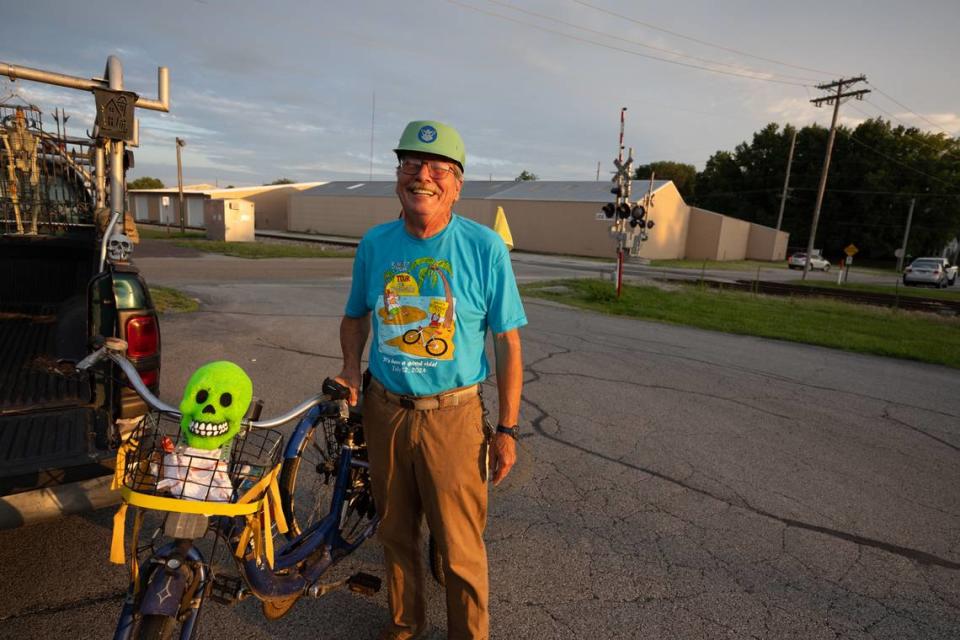 John Carr stands next to his eccentric truck and bike prior to the final “sunset tour” of the Tour de Belleville bike ride event on July 12, 2024. “I’m going to miss it,” Carr said, “It’s such a fun and neat thing to do, and at my age, you need neat things to do.”