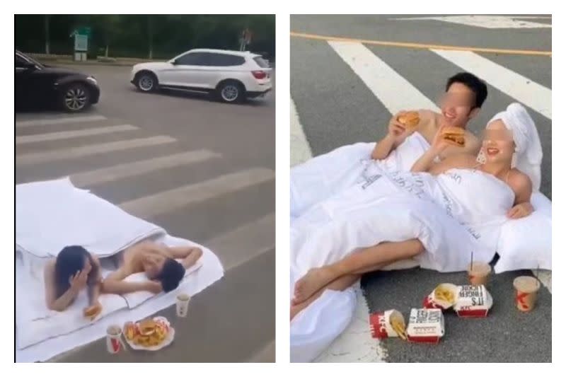 ▲山東菏澤市鄆城縣一對新人在馬路上拍婚紗，照片曝光後引發眾怒。（圖／翻攝自微博）