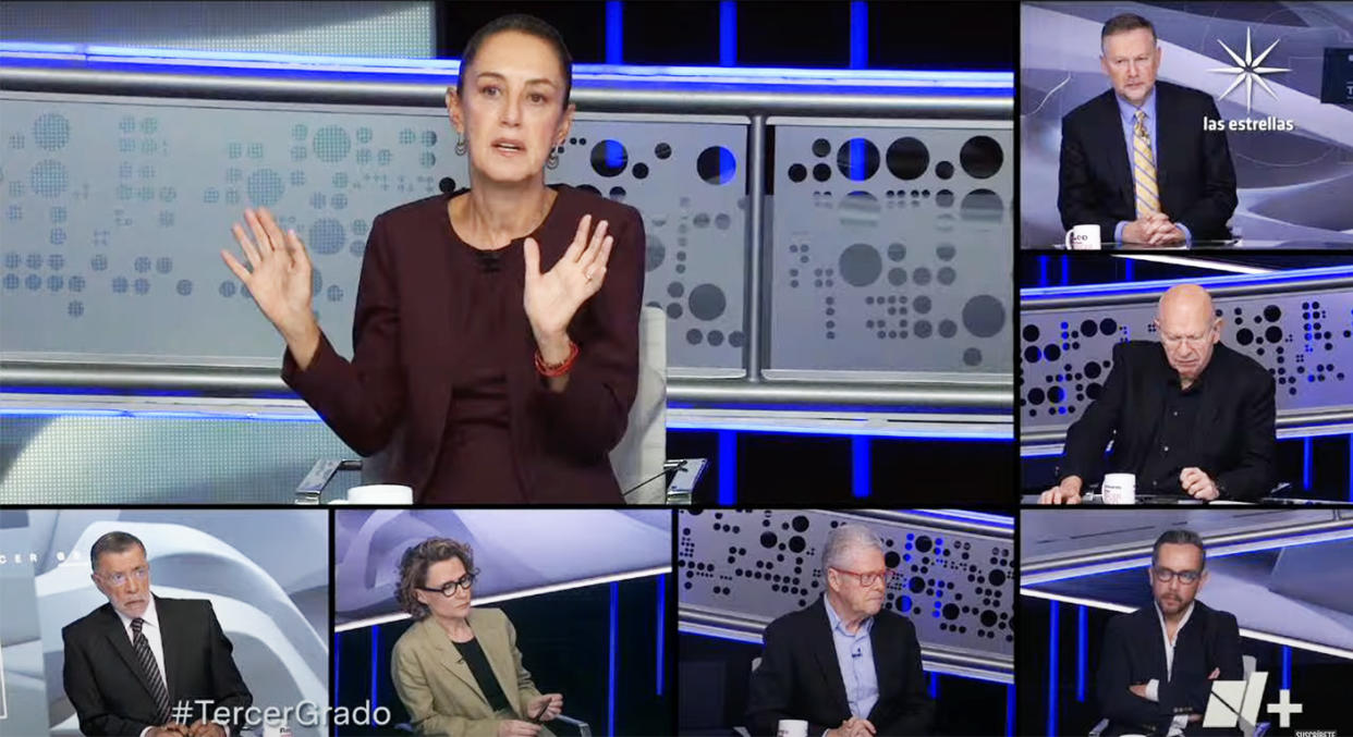 Claudia Sheinbaum en el programa Tercer Grado de Televisa con Leo Zuckermann, Ryamundo RivaPalacio, Sergio Sarmiento, Denise Maerker, René Delgado y Genaro Lozano | Captura de video YouTubre 