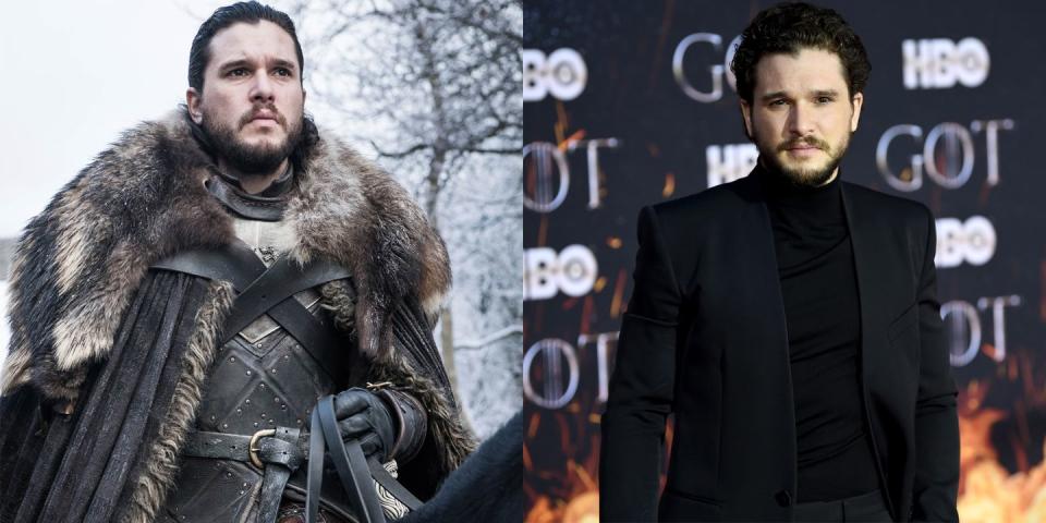 <p>From left: Harington as Jon Snow in Season 8; Harington at the <em>GoT</em> Season 8 premiere on April 3, 2019. </p>