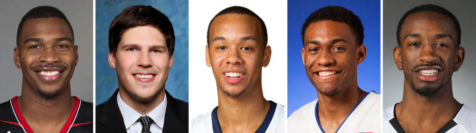 These recent photos provided by their respective schools show, from left, NCAA college basketball players: Sean Kilpatrick, Cincinnati; Doug McDermott, Creighton; Shabazz Napier, UConn; Jabari Parker, Duke, and Russ Smith, Louisville. Kilpatrick, McDermott, Napier, Parker and Smith were selected to The Associated Press All-America team, released Monday, March 31, 2014. (AP Photo)