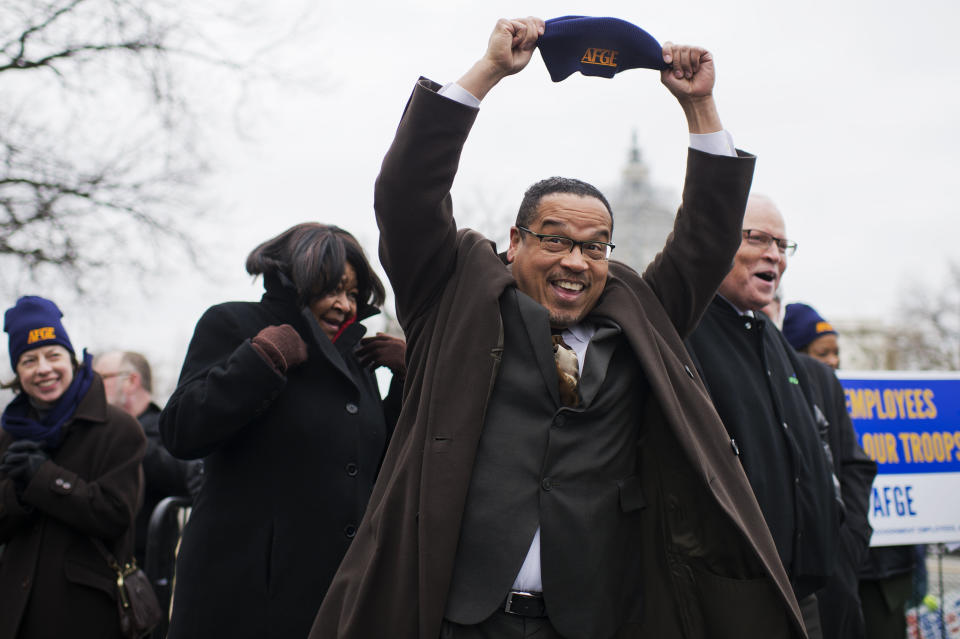 Rep. Keith Ellison (D-Minn.) attends a rally with labor groups, including the American Federation of Government Employees, in Upper Senate Park to support federal workers and the working class, on Feb. 10, 2015.