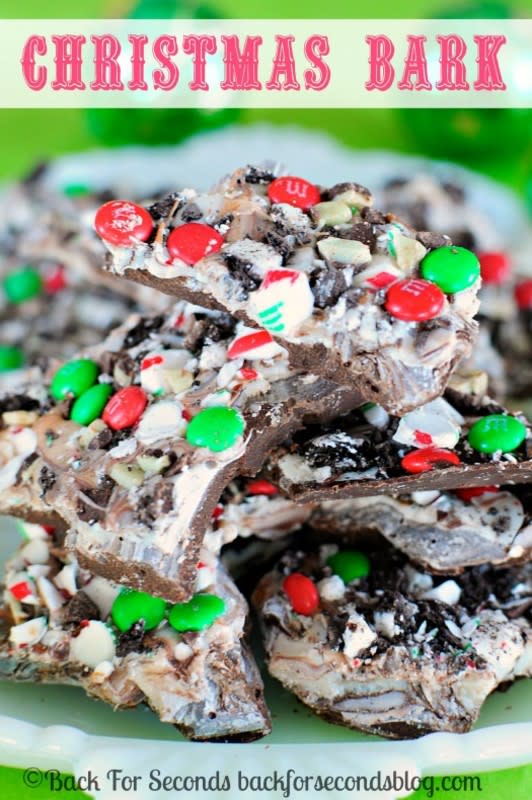<p>Back For Seconds</p><p>Chocolate, cookies, and mint—oh my! This Easy Christmas Bark is a simple, yet scrumptious, holiday treat that everyone will love! </p><p><strong>Get the recipe: <a href="https://backforseconds.com/easy-christmas-bark-recipe/" rel="nofollow noopener" target="_blank" data-ylk="slk:Easy Christmas Bark;elm:context_link;itc:0;sec:content-canvas" class="link rapid-noclick-resp">Easy Christmas Bark</a></strong></p>