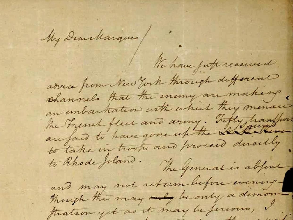 This image filed May 15, 2019 in federal court as part of a forfeiture complaint by the U.S. attorney's office in Boston, shows a 1780 letter from Alexander Hamilton to the Marquis de Lafayette, that was stolen from the Massachusetts Archives decades ago. The letter, which was returned to the state, will be put on public display at the Commonwealth Museum on July 4, 2022 for the first time since it was returned after a lengthy court battle. (U.S. Attorney's Office via AP, File)