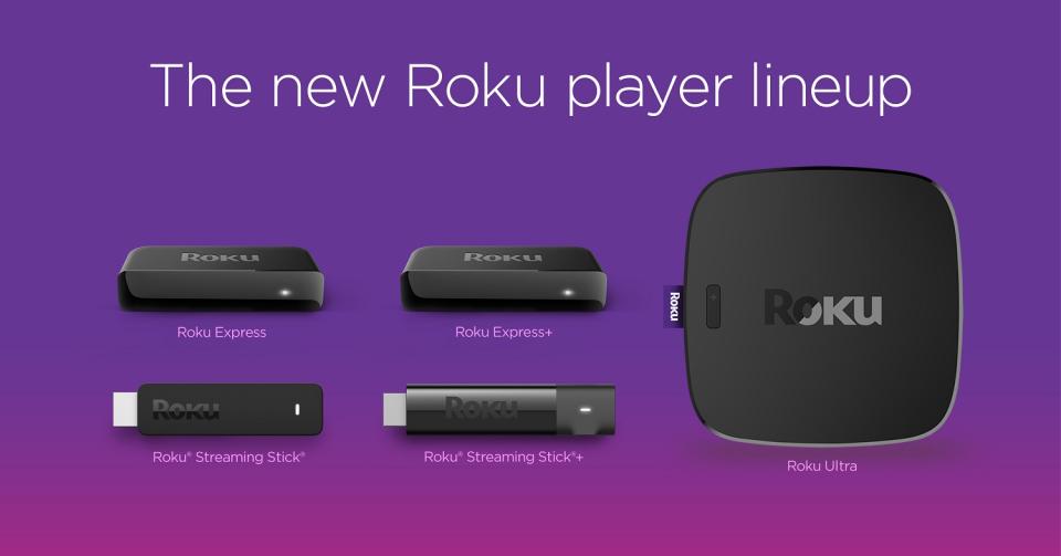 Five different Roku players against a purple backdrop.