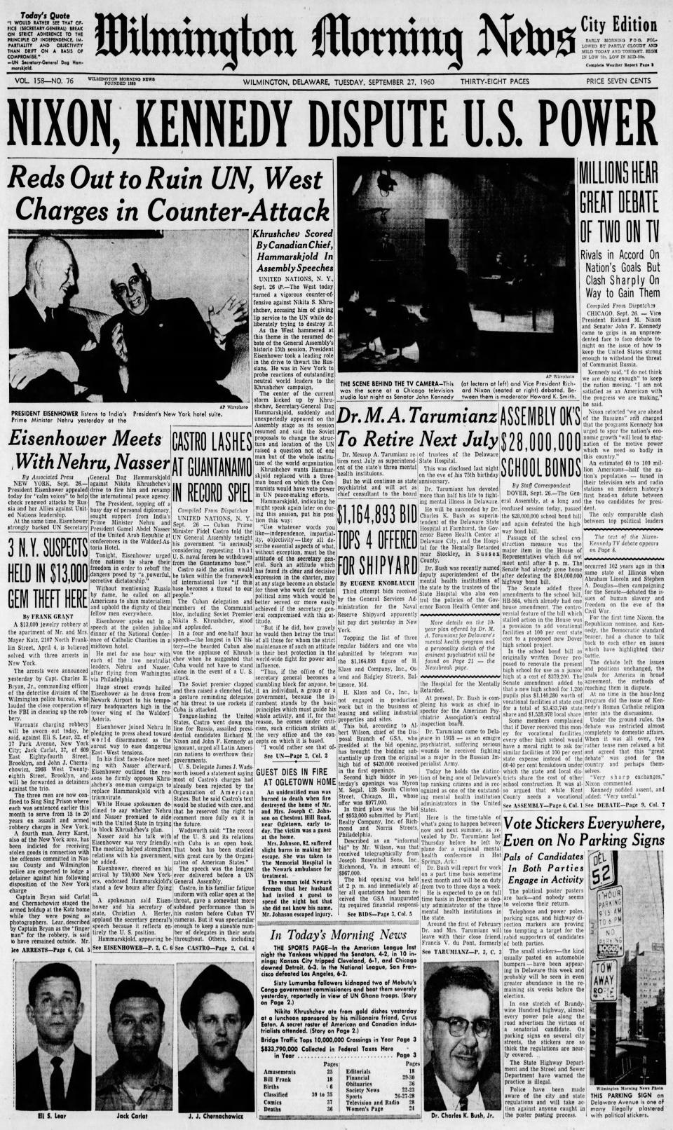 Front page of the Wilmington Morning News from Sept. 27, 1960.