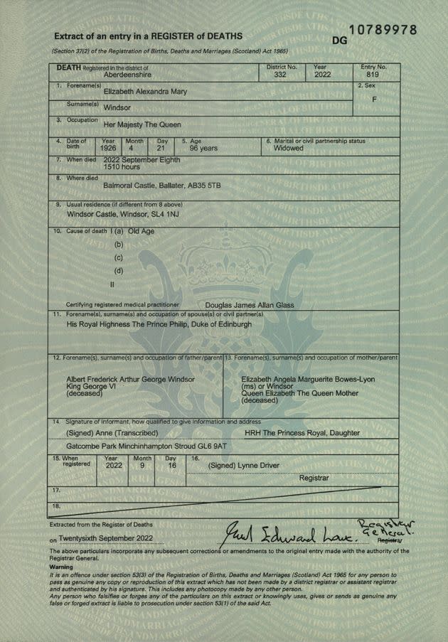 An extract published by the National Records of Scotland on Thursday from Queen Elizabeth's entry in the Register of Deaths. (Photo: Crown copyright. Data supplied by National Records of Scotland.)