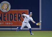 May 20, 2019; Toronto, Ontario, CAN; Toronto Blue Jays right fielder Randal Grichuk (15) tries to field a ball during the first inning against the Boston Red Sox at Rogers Centre. Mandatory Credit: Nick Turchiaro-USA TODAY Sports