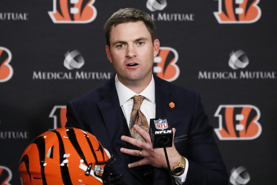 Cincinnati Bengals football head coach Zac Taylor speaks during a news conference, Tuesday, Feb. 5, 2019, in Cincinnati. After 16 years without a playoff win under Marvin Lewis, the Bengals decided to try something different. But they had to wait more than a month before hiring Zac Taylor as their next coach in hopes of ending a long streak of futility. (AP Photo/John Minchillo)