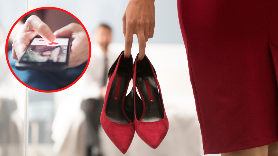 A sugar baby in Singapore holds a pair of high heels in a bedroom and a woman pushes a heart icon on the screen of a smartphone dating app (inset)