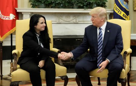Aya Hijazi, an Egyptian-American woman detained in Egypt for nearly three years on human trafficking charges, meets with U.S. President Donald Trump in the Oval Office of the White House in Washington, U.S., April 21, 2017. REUTERS/Kevin Lamarque
